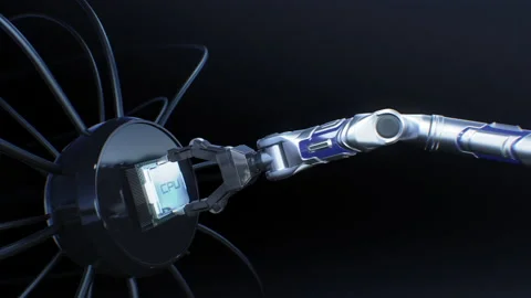 Robot Arm Placing New Abstract Processor into the Futuristic Socket 3d Animation Stock-Footage 219940806