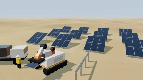 Robot arm placing solar modules at a desert construction site while a service Stock-Footage 340328650