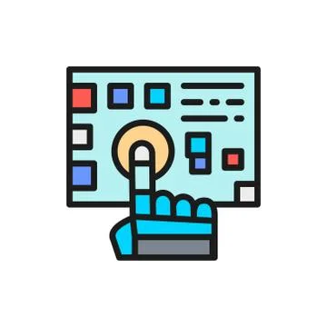 Robot arm presses on the button flat color line icon. Stock-Illustration