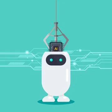 Robot arm put AI processing chip into robot head Stock Illustration