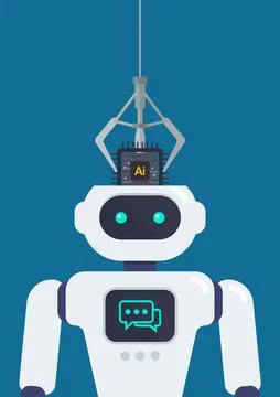 Robot arm put AI processing chip into android head Stock Illustration