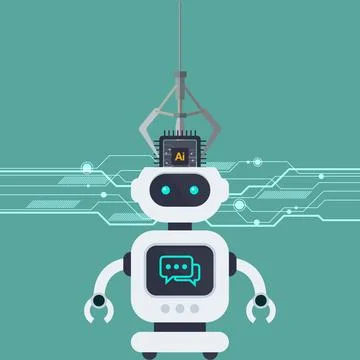 Robot arm put AI processing chip into robot head イラスト素材