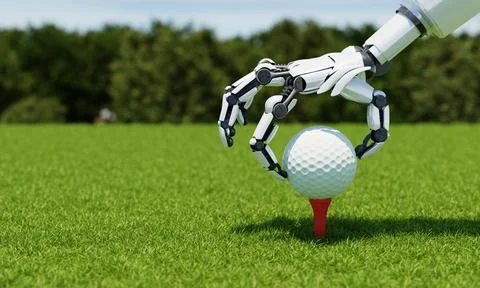 Robot arm putting golf ball on tee as caddy or player with fairway green ba.. Stock Illustration