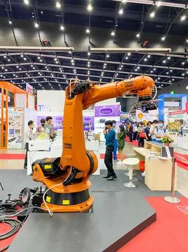 Robot arm for scan part working show it to customers Stock Photos