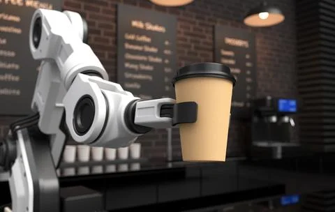 Robot arm serving hot coffee in a coffee shop. Stock Illustration