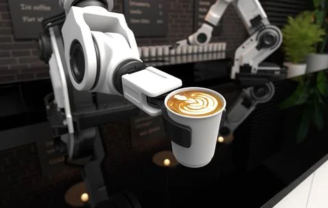 Robot arm serving hot coffee in a coffee shop. Stock Illustration