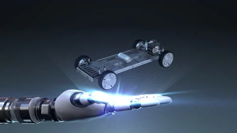 The robot arm spreads its palm, Hybrid electric battery car frame appears. 4k. Video stock 148199092