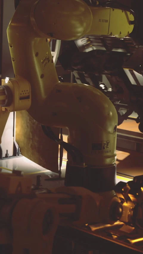 Robot arm welding sparks in a high tech industrial facility at dawn Stock Footage 331839183