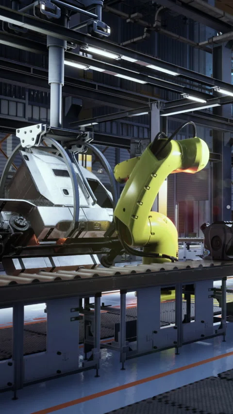 Robot arm working on assembly line in factory during daytime hours Stock Footage 338352612