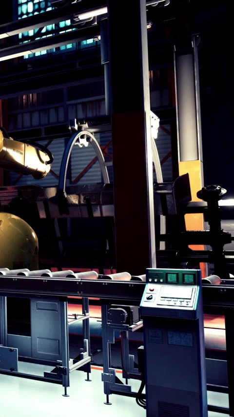 Robot arm works on assembly line in factory during evening hours Stock Footage 340630980