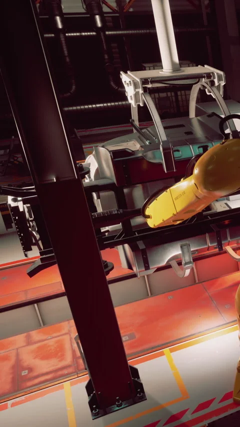 Robot arm works on assembly line in factory during daytime hours Stock Footage 341041244