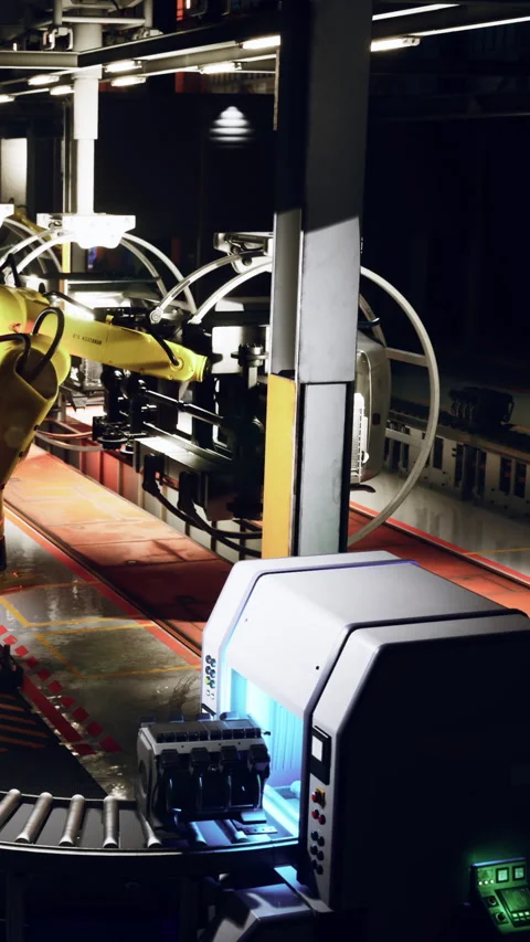 Robot arm works in factory during automated production process in facility Stock Footage 341054573