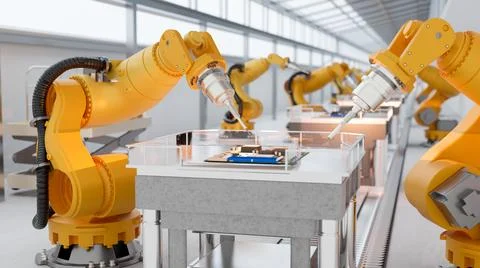 Robot arms are assembling circuit boards on a production line or conveyor i.. Stock Illustration