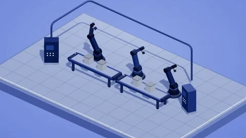 Robot arms assembly line isometric Video stock 339592818