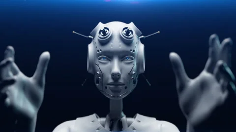 Robot with arms outstretched close-up. focus on the robot Stock Footage 237414958