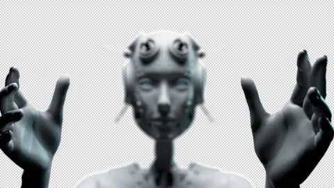 Robot with arms outstretched in close-up. focus on arms . video has an alpha  Video stock 237415080