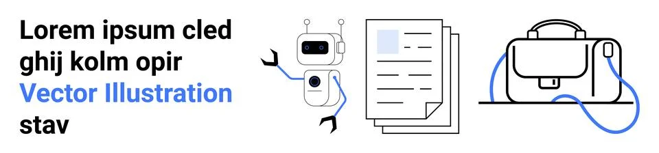Robot with arms raised, document stack, and briefcase. Ideal for technology,  Stock Illustration