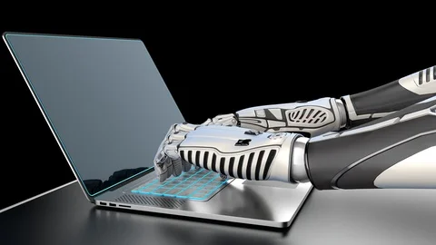 Robot Arms typing on laptop keyboard 4k with alpha channel Video stock 112894948