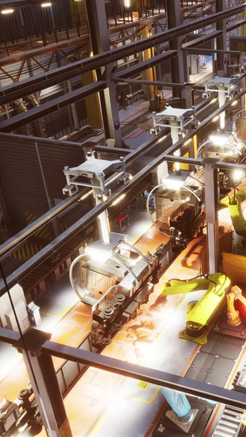 Robot arms work on assembly line in a factory during daytime Stock Footage 346757544