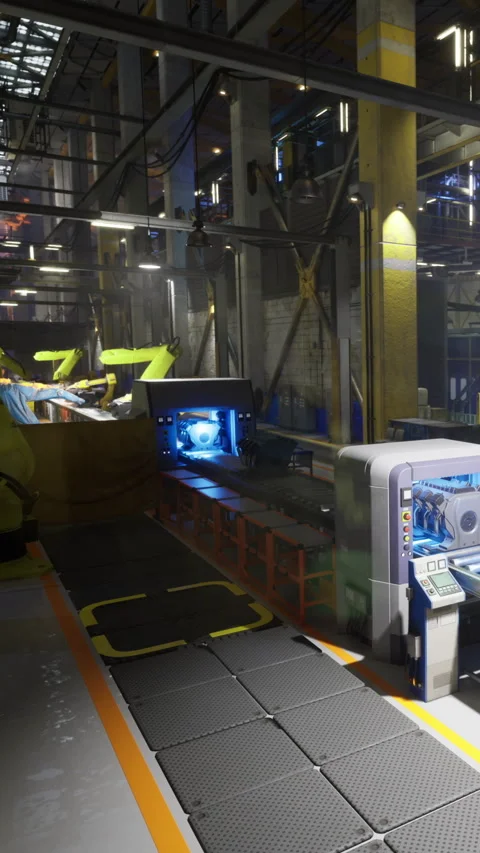 Robot arms at work in a modern factory making precision parts at night Stock Footage 331834894