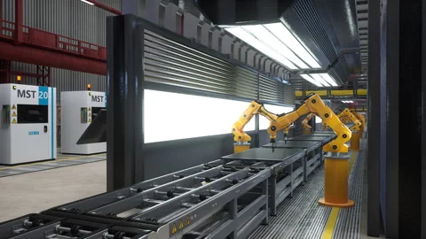 Robot arms working on assembly line in factory next to computerized machines Stock Footage 271605515