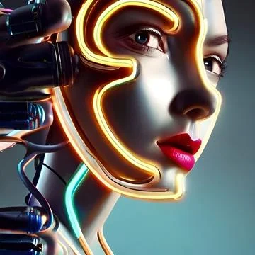Robot art concept robot with beautiful human face cyborg futuristic artificial  Stock Illustration