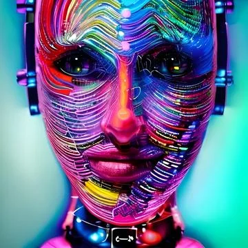 Robot art concept robot with beautiful human face cyborg futuristic artificial  Stock Illustration