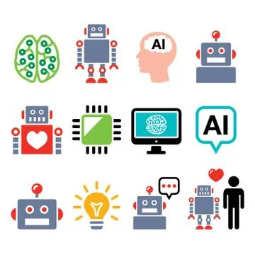 Robot, Artificial Intelligence (AI), cyborg icons set Stockillustratie