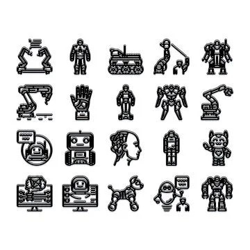 Robot artificial intelligence and automation technology icons set Illustrazione stock