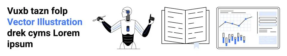 Robot with artificial intelligence arms open, reviewing a book and analyzing  스톡 일러스트