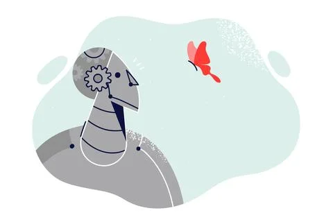 Robot with artificial intelligence examines flying butterfly, symbiosis of Stockillustratie