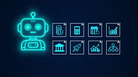 Robot with artificial intelligence icons showing functions and tasks Stock Footage 348123907
