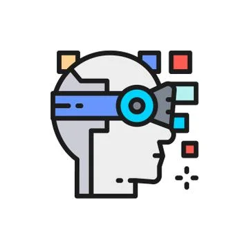 Robot, artificial intelligence, virtual reality helmet flat color line icon. Stock Illustration