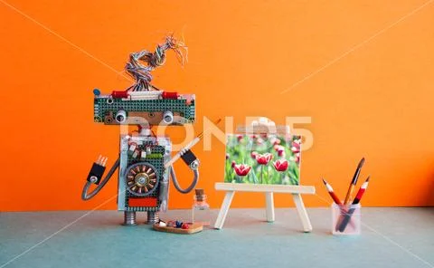 Robot artist wooden easel still life artwork tulip flowers. Advertising poster Stock Photos