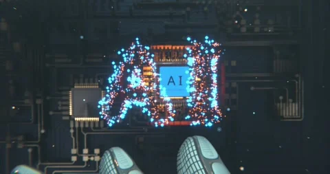 Robot assembling AI cpu chip into circuitboard Video stock 279160383