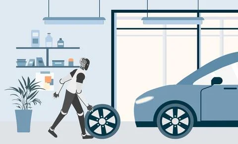 Robot assembling car wheel in modern workshop background with tech and engi.. Stock Illustration