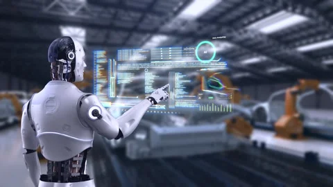 Robot assembly line manufacture ev car Stock Footage 308358927