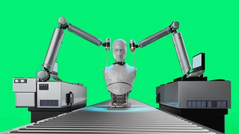 Robot assembly line producing cyborg isolated Stock Footage 330389814