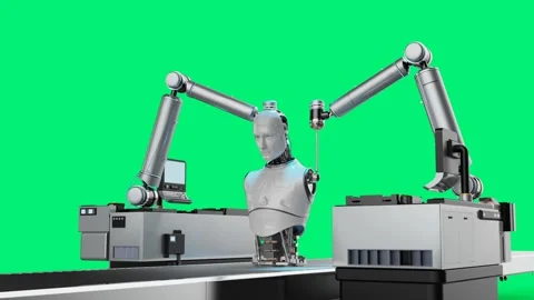 Robot assembly line producing cyborg isolated Stock Footage 330389815