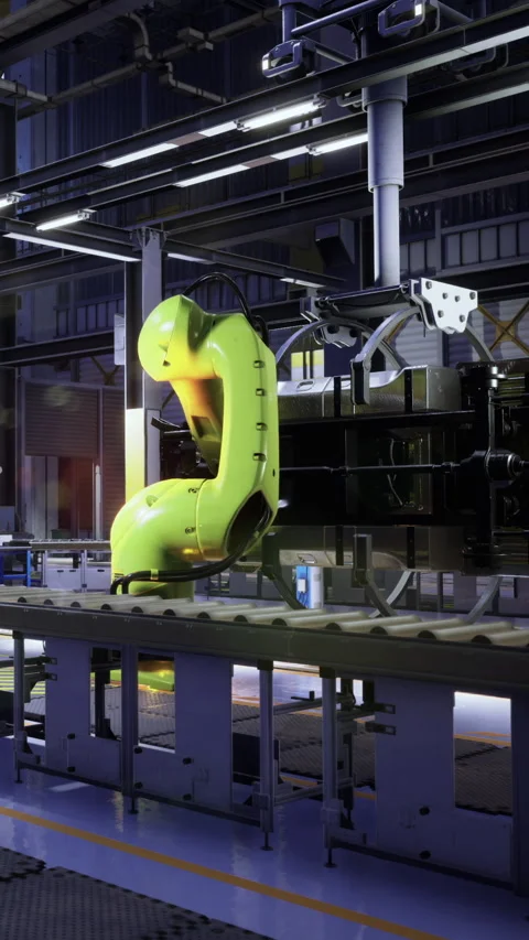 Robot assembly process at a manufacturing facility during the daytime hours Stock Footage 331683435
