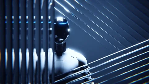 Robot assistant behind ribbed glass and light lines loop background. Stock Footage 347198490