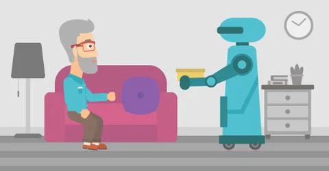 Robot assistant bringing food to an elderly man Stock Illustration