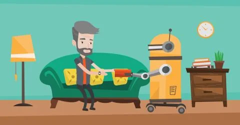 Robot assistant bringing food to an elderly man. Stock Illustration