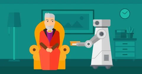 Robot assistant bringing food to an elderly man. Stock Illustration