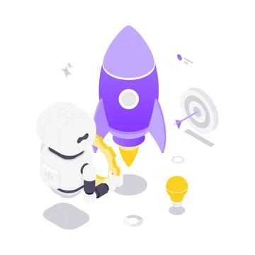 Robot Assistant For Business Startup Launch Isometric Vector Illustration Stock Illustration