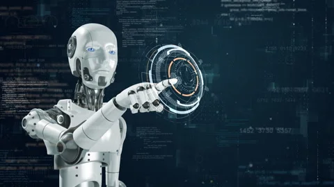 Robot assistant with digital futuristic HUD on typewriter big data Stock Footage 252132360