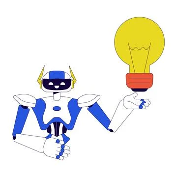 Robot assistant generating idea 2D linear cartoon character Illustrazione stock
