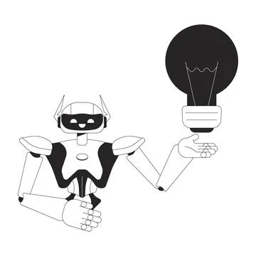 Robot assistant generating idea black and white 2D line cartoon character Stock Illustration