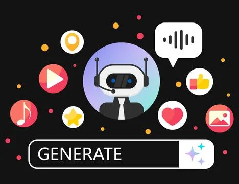 Robot assistant generating multimedia content surrounded by icons of music Stock Illustration