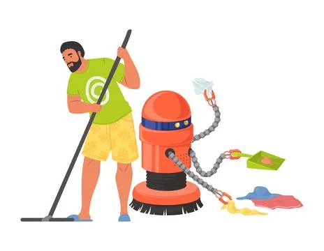 Robot assistant helping man to clean house vector Stock Illustration